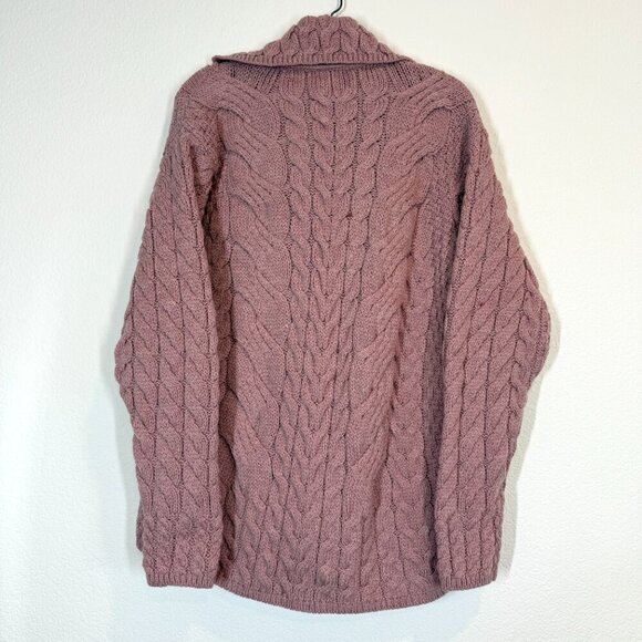 Aran Cardigan Sweater Pink Irish Cable Knit Chunky Ireland Wool Luxury Large - Picture 3 of 13